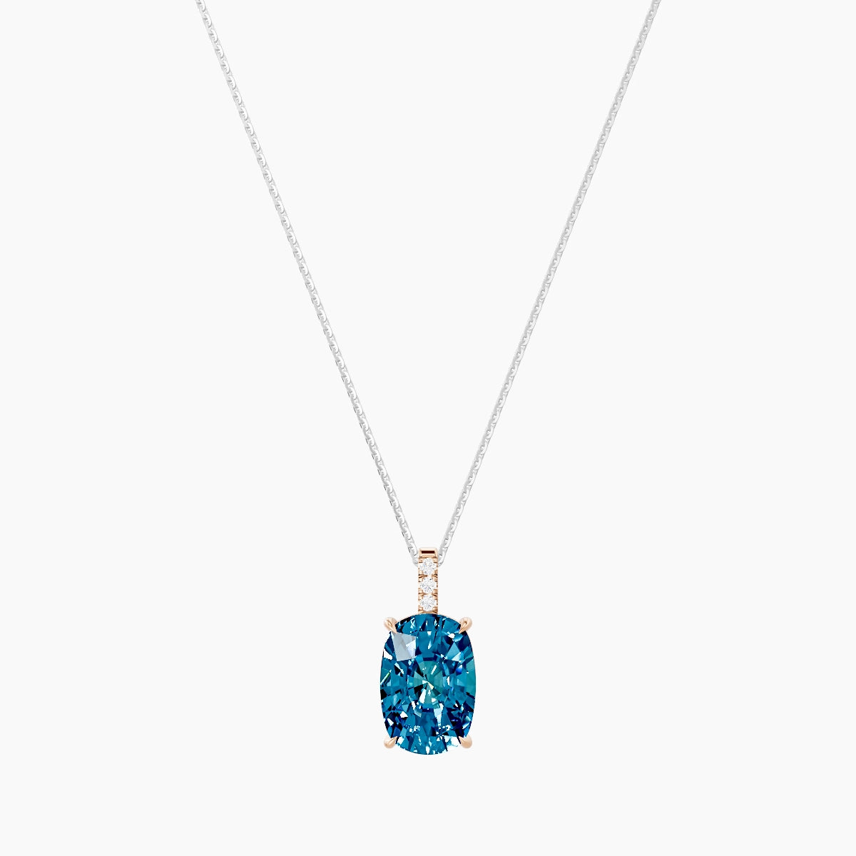 Paved Hanging Solitaire | 18k White & Rose Gold 5 ct Blue Lab Diamond Cushion Pendant