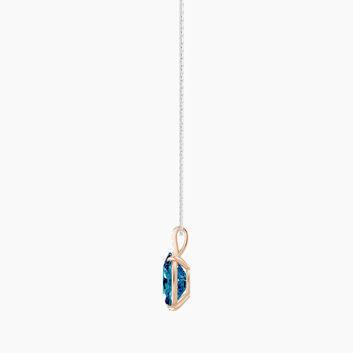 Paved Hanging Solitaire | 18k White & Rose Gold 5 ct Blue Lab Diamond Cushion Pendant