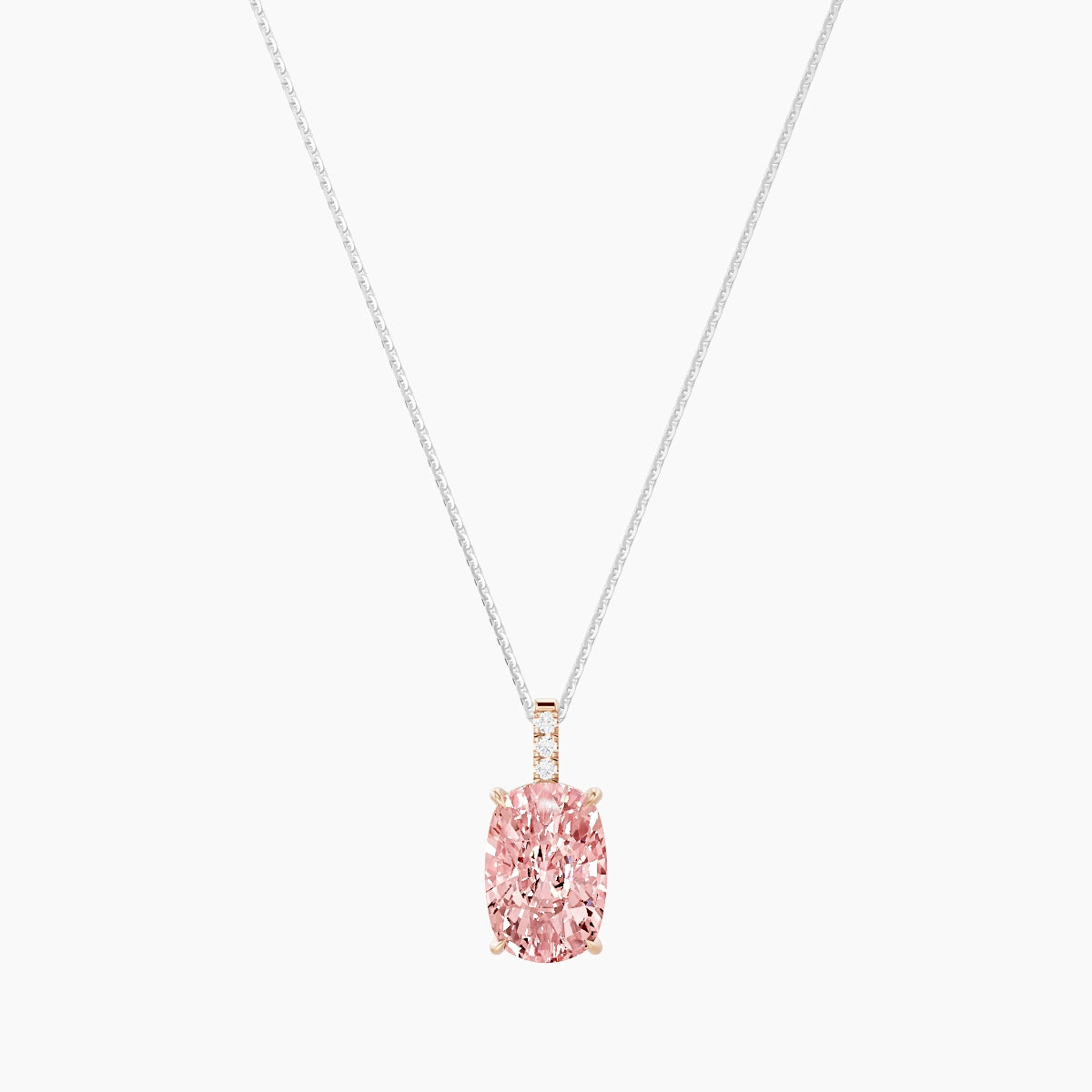 Paved Hanging Solitaire | 18k White & Rose Gold 5 ct Pink Lab Diamond Cushion Pendant