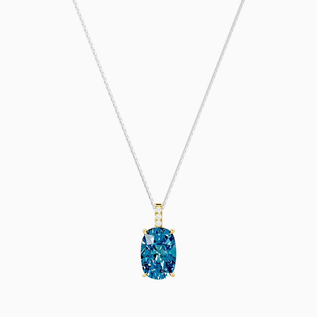 Paved Hanging Solitaire | 18k White & Yellow Gold 5 ct Blue Lab Diamond Cushion Pendant