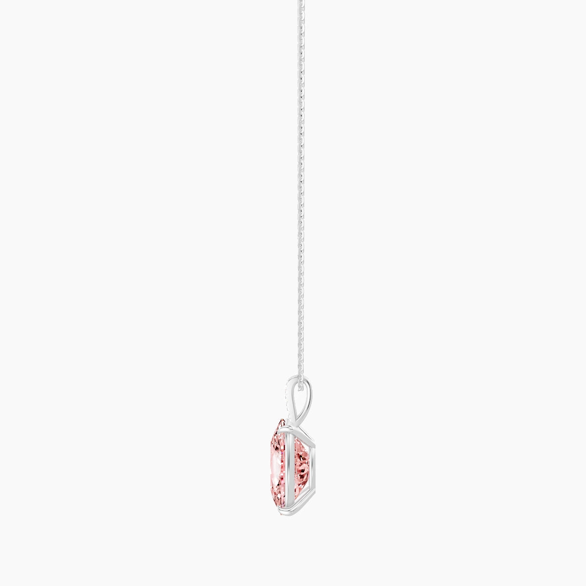 Paved Hanging Solitaire | 18k White Gold 5 ct Pink Lab Diamond Cushion Pendant