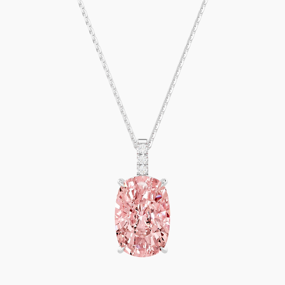 Paved Hanging Solitaire | 18k White Gold 5 ct Pink Lab Diamond Cushion Pendant