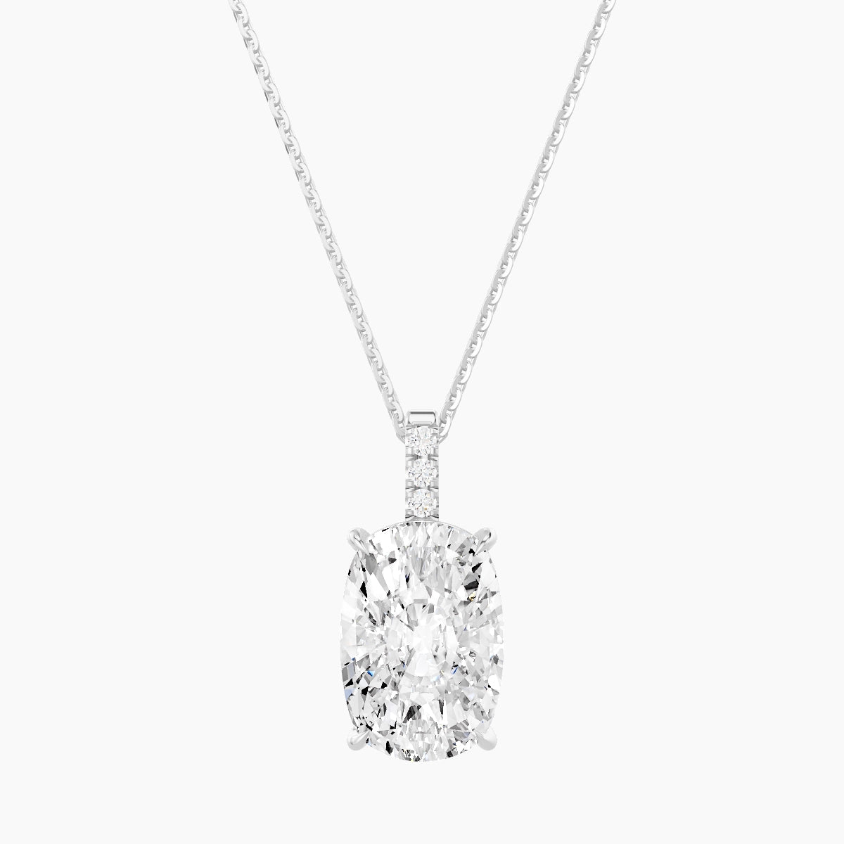 Paved Hanging Solitaire | 18k White Gold 5 ct White Lab Diamond Cushion Pendant