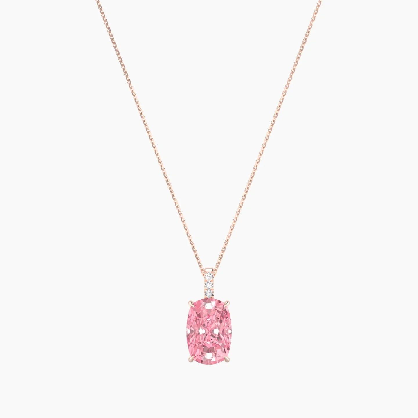 Paved Hanging Solitaire | 18k Rose Gold 5 ct Pink Lab Diamond Cushion Cut Pendant