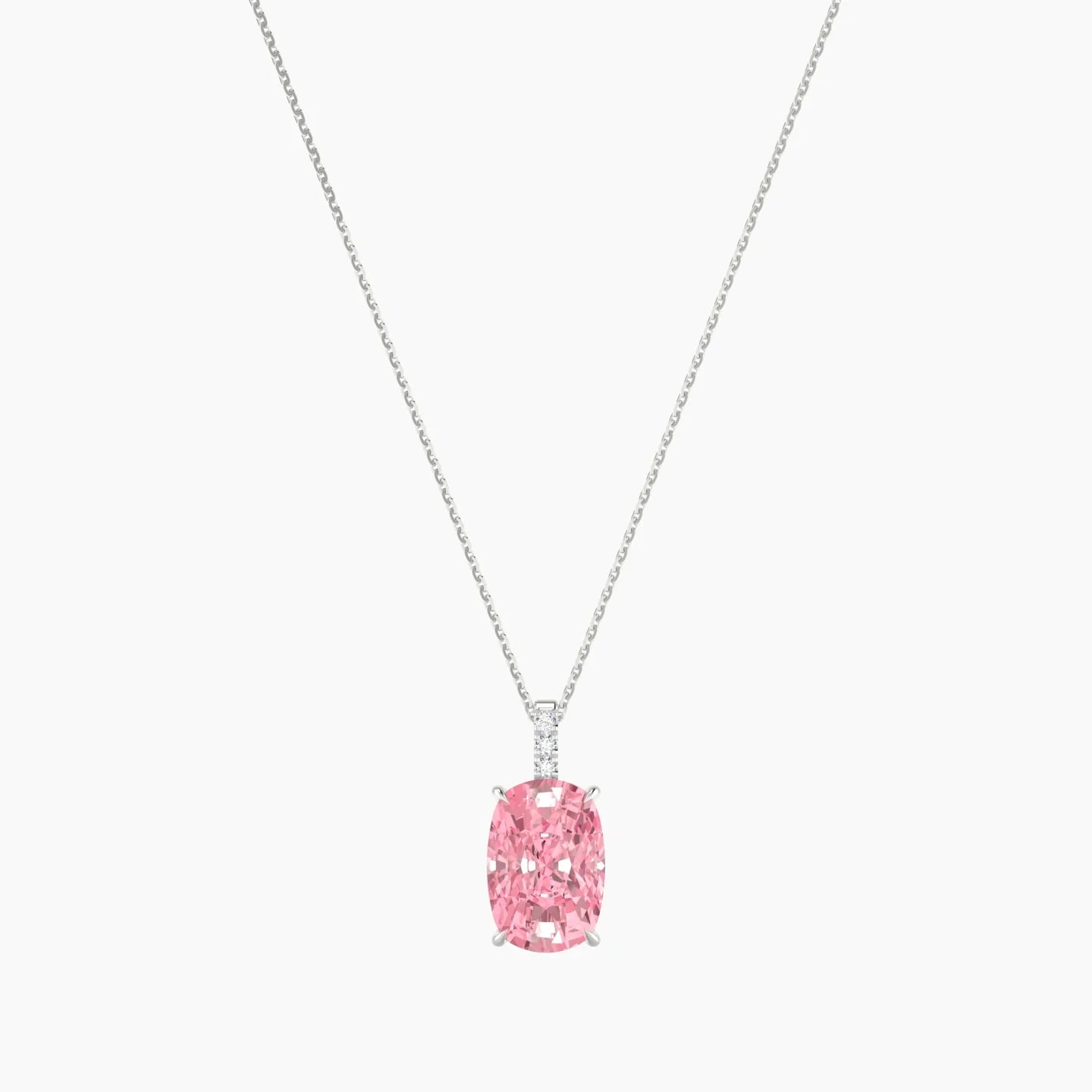 Paved Hanging Solitaire | 18k White Gold 5 ct Pink Lab Diamond Cushion Cut Pendant