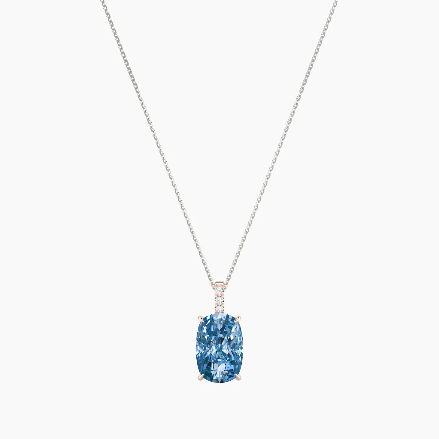 Paved Hanging Solitaire | 18k White & Rose Gold 5 ct Blue Lab Diamond Cushion Cut Pendant