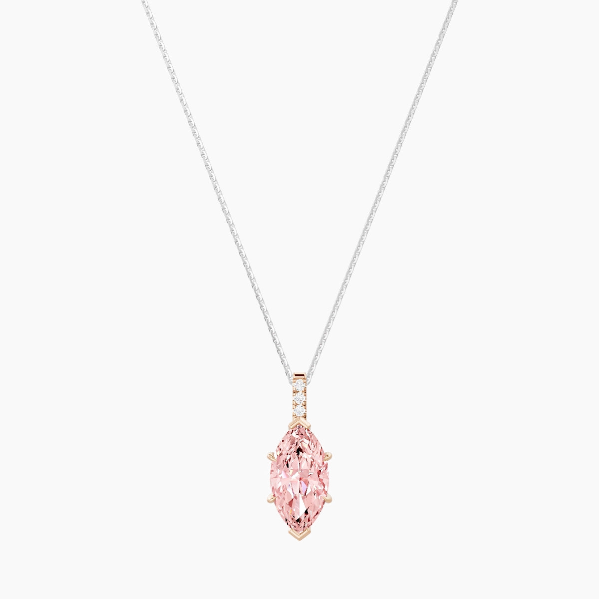 Paved Hanging Solitaire | 18k White & Rose Gold 3 ct Pink Lab Diamond Marquise Pendant