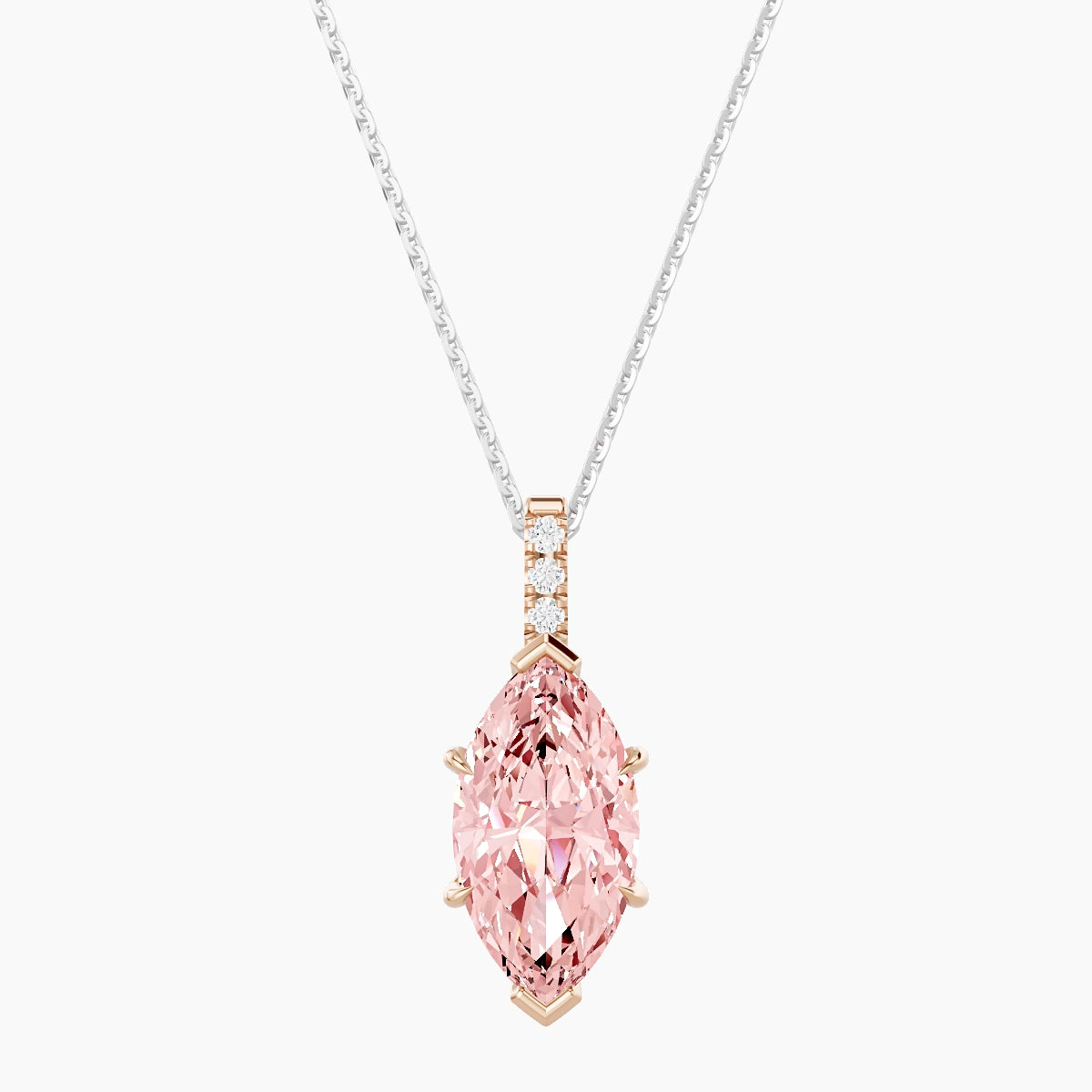 Paved Hanging Solitaire | 18k White & Rose Gold 3 ct Pink Lab Diamond Marquise Pendant