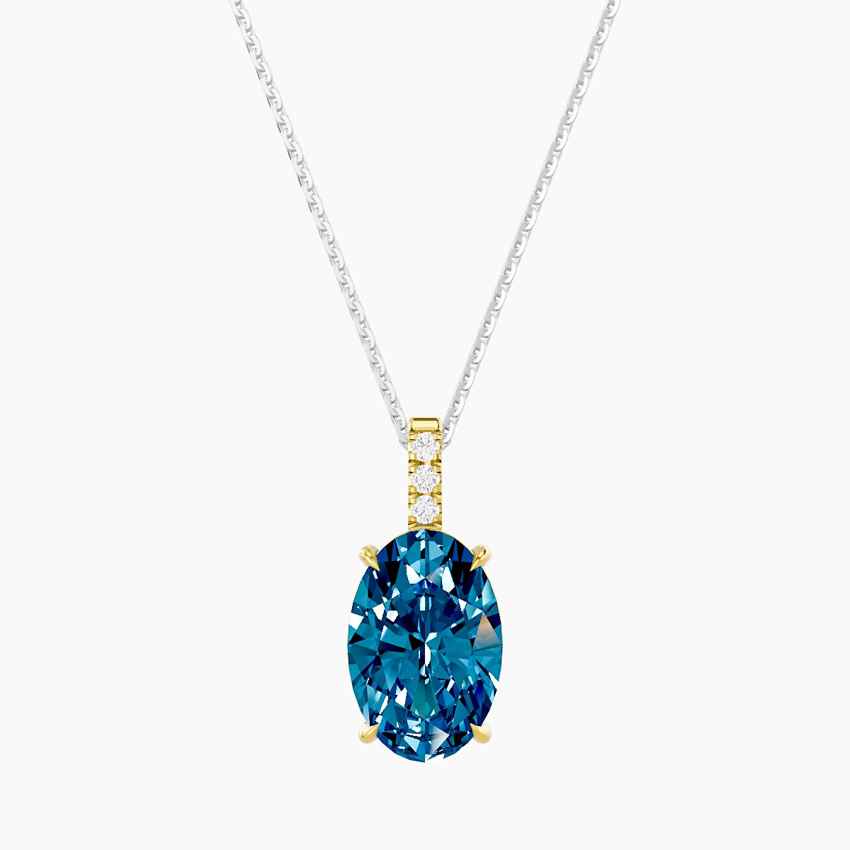 Paved Hanging Solitaire | 18k White & Yellow Gold 3 ct Blue Lab Diamond Oval Pendant