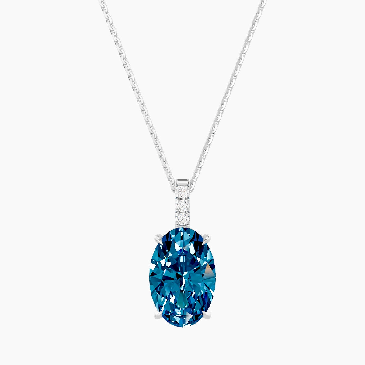 Paved Hanging Solitaire | 18k White Gold 3 ct Blue Lab Diamond Oval Pendant