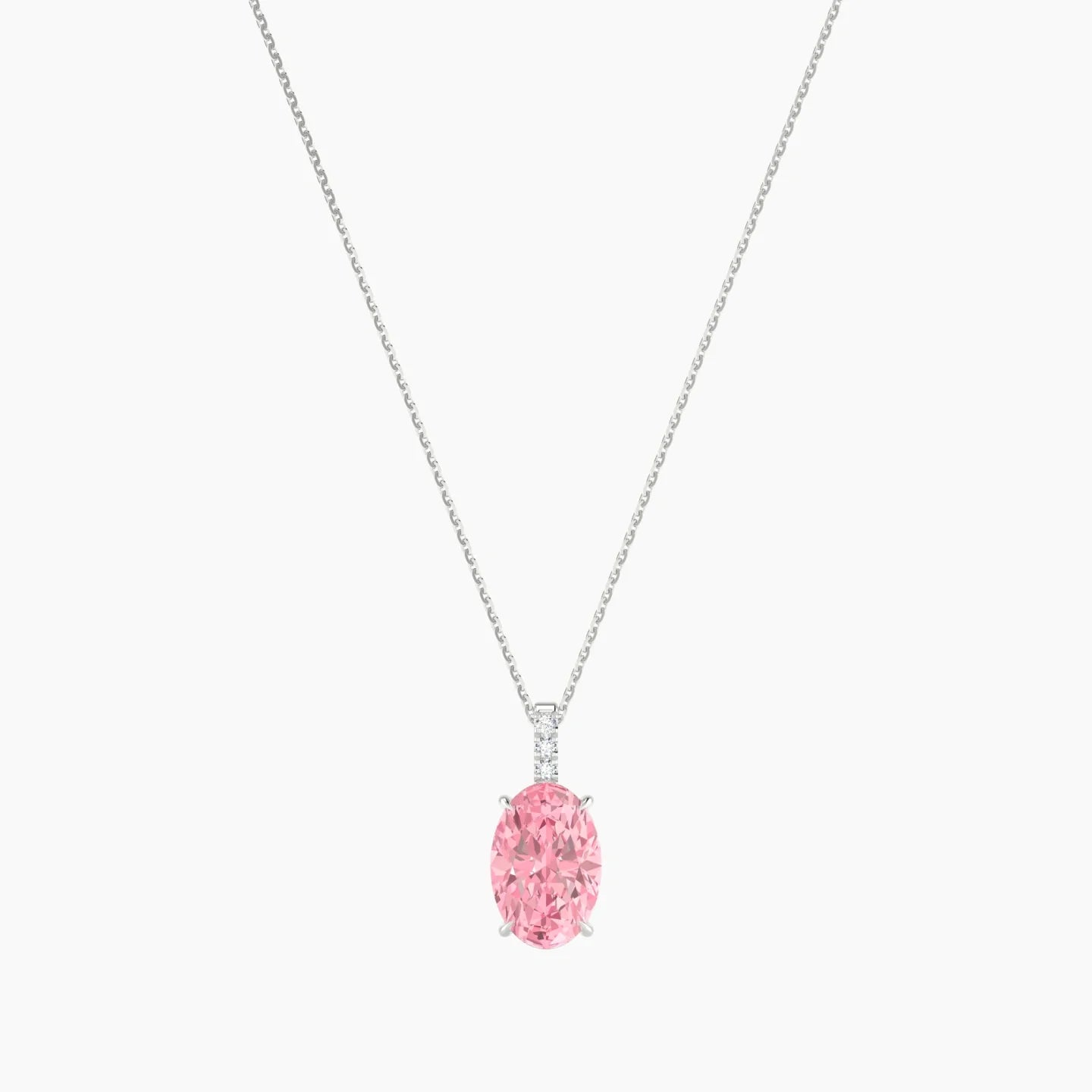 Paved Hanging Solitaire | 18k White Gold 3 ct Pink Lab Diamond Oval Cut Pendant
