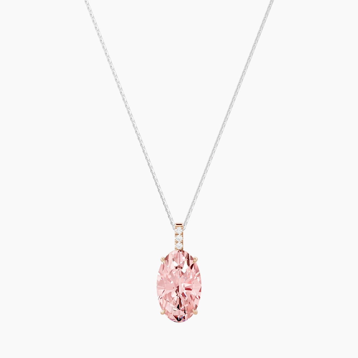 Paved Hanging Solitaire | 18k White & Rose Gold 5 ct Pink Lab Diamond Oval Pendant
