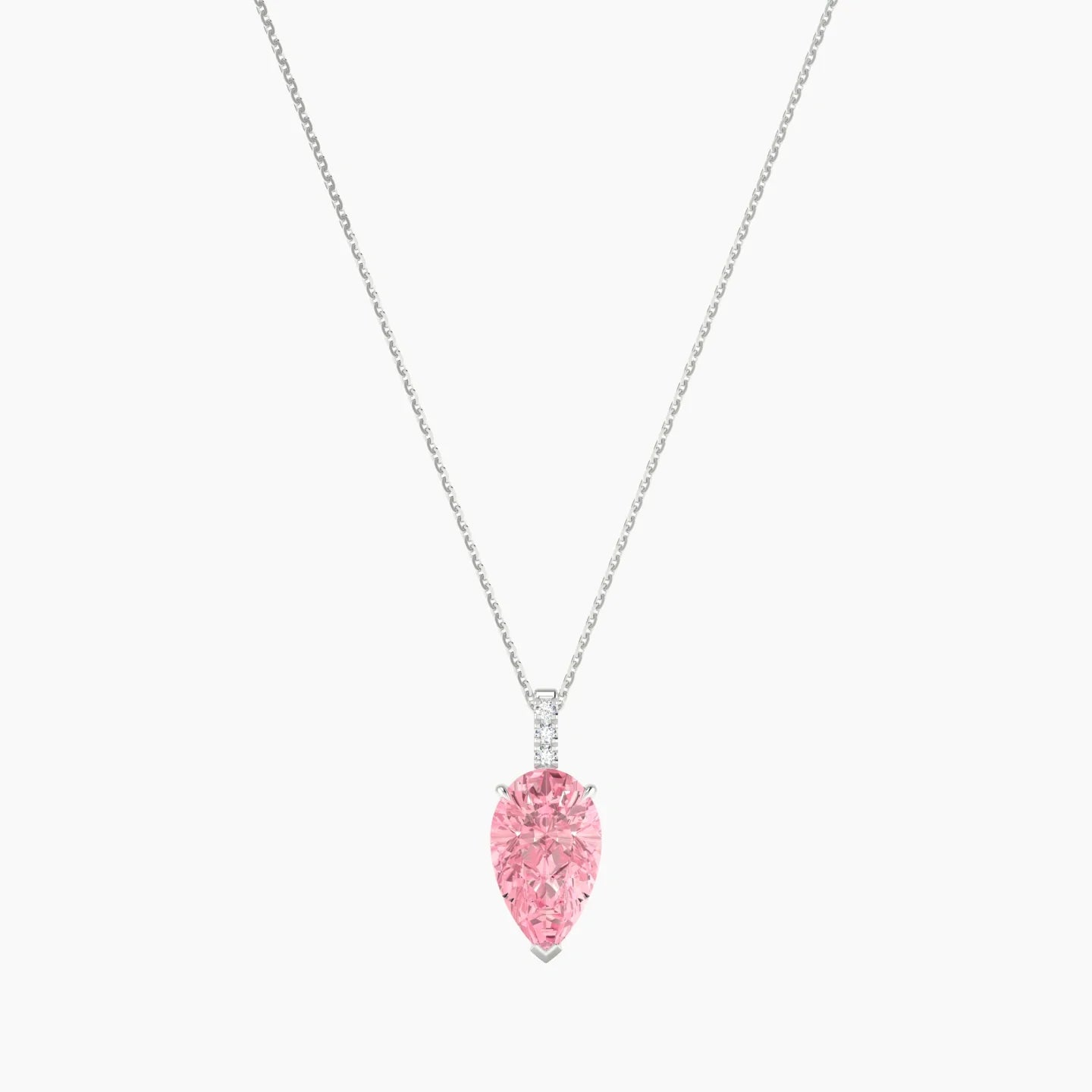 Paved Hanging Solitaire | 18k White Gold 3 ct Pink Lab Diamond Pear Cut Pendant