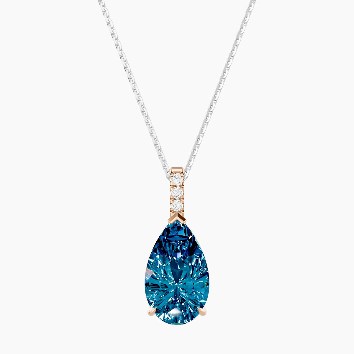 Paved Hanging Solitaire | 18k White & Rose Gold 3 ct Blue Lab Diamond Pear Pendant
