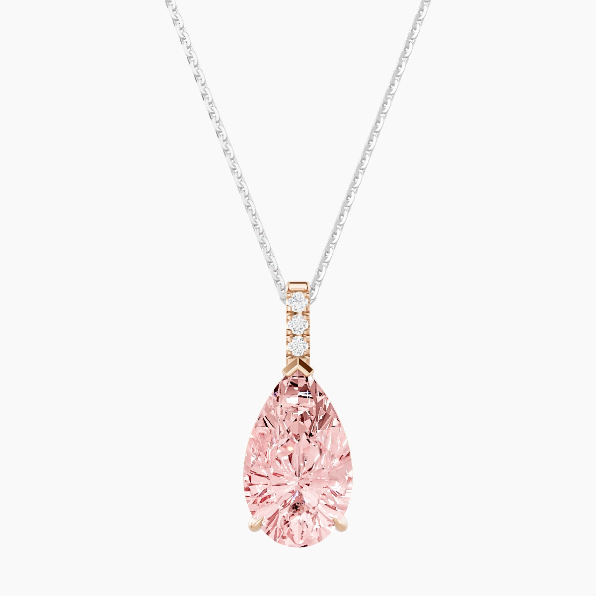 Paved Hanging Solitaire | 18k White & Rose Gold 3 ct Pink Lab Diamond Pear Pendant
