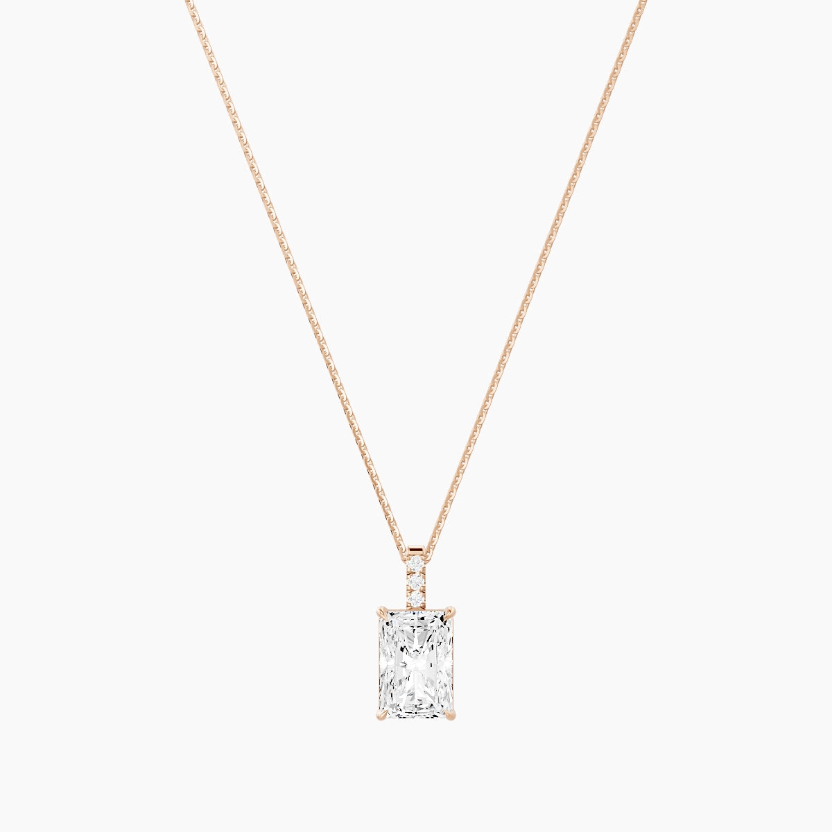 Paved Hanging Solitaire | 18k Rose Gold 3 ct White Lab Diamond Radiant Pendant