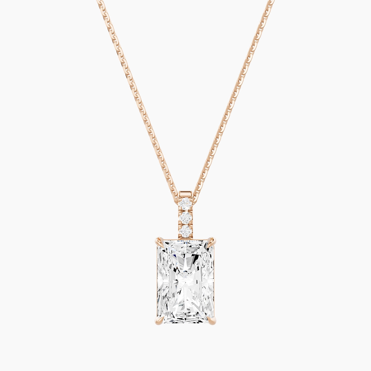 Paved Hanging Solitaire | 18k Rose Gold 3 ct White Lab Diamond Radiant Pendant