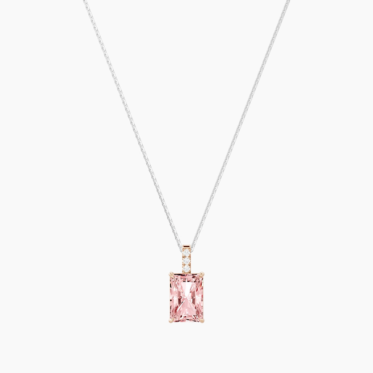 Paved Hanging Solitaire | 18k White & Rose Gold 3 ct Pink Lab Diamond Radiant Pendant