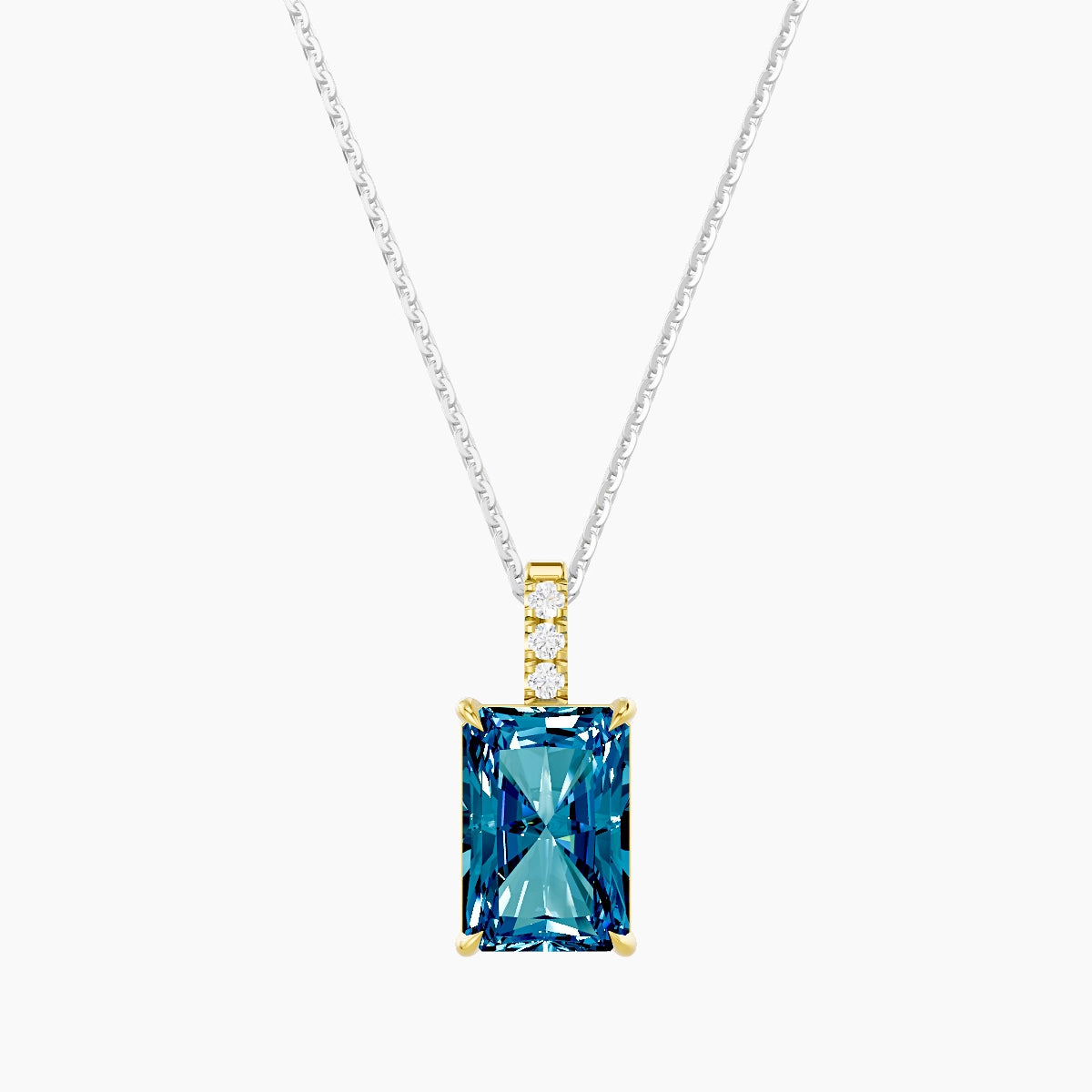 Paved Hanging Solitaire | 18k White & Yellow Gold 3 ct Blue Lab Diamond Radiant Pendant