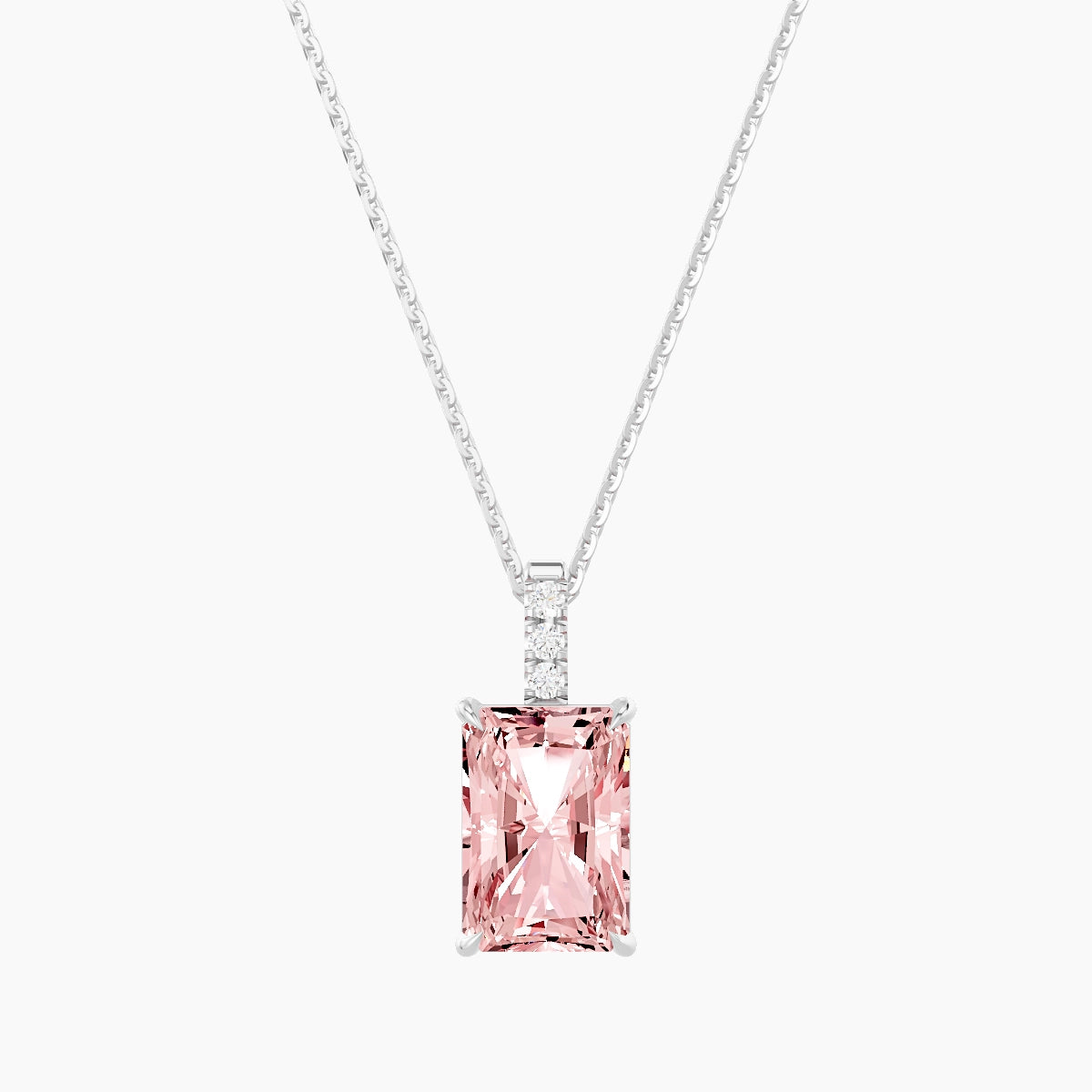Paved Hanging Solitaire | 18k White Gold 3 ct Pink Lab Diamond Radiant Pendant