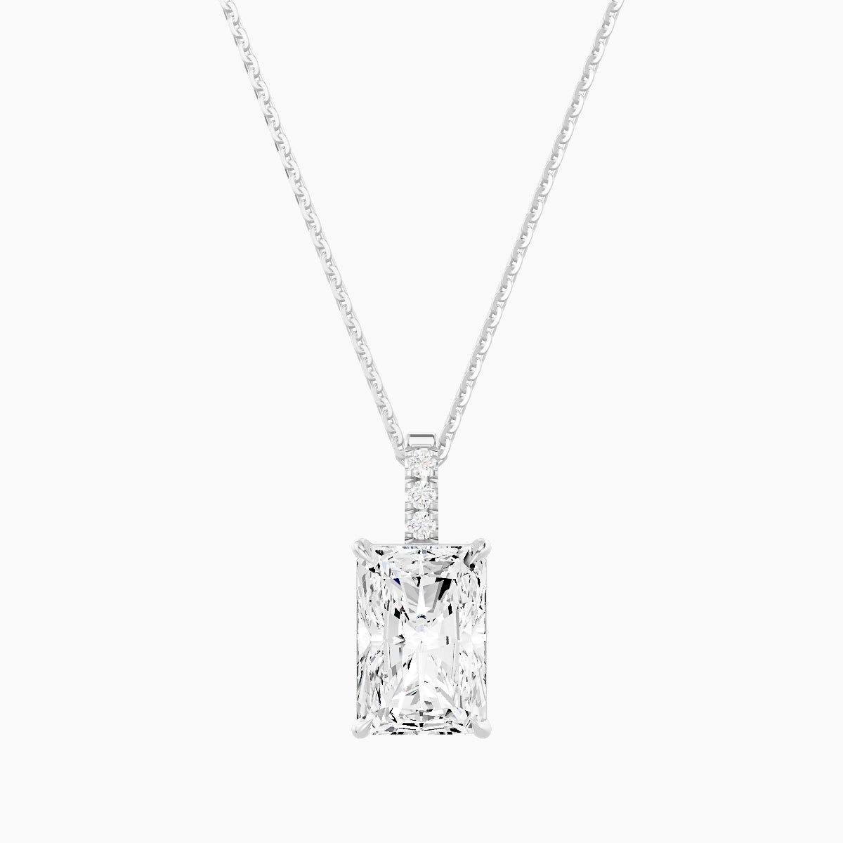 Paved Hanging Solitaire | 18k White Gold 3 ct White Lab Diamond Radiant Pendant