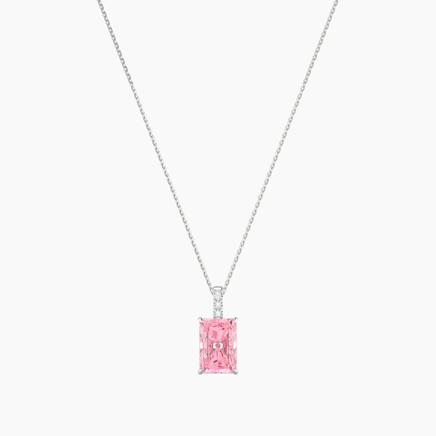 Paved Hanging Solitaire | 18k White Gold 3 ct Pink Lab Diamond Radiant Cut Pendant