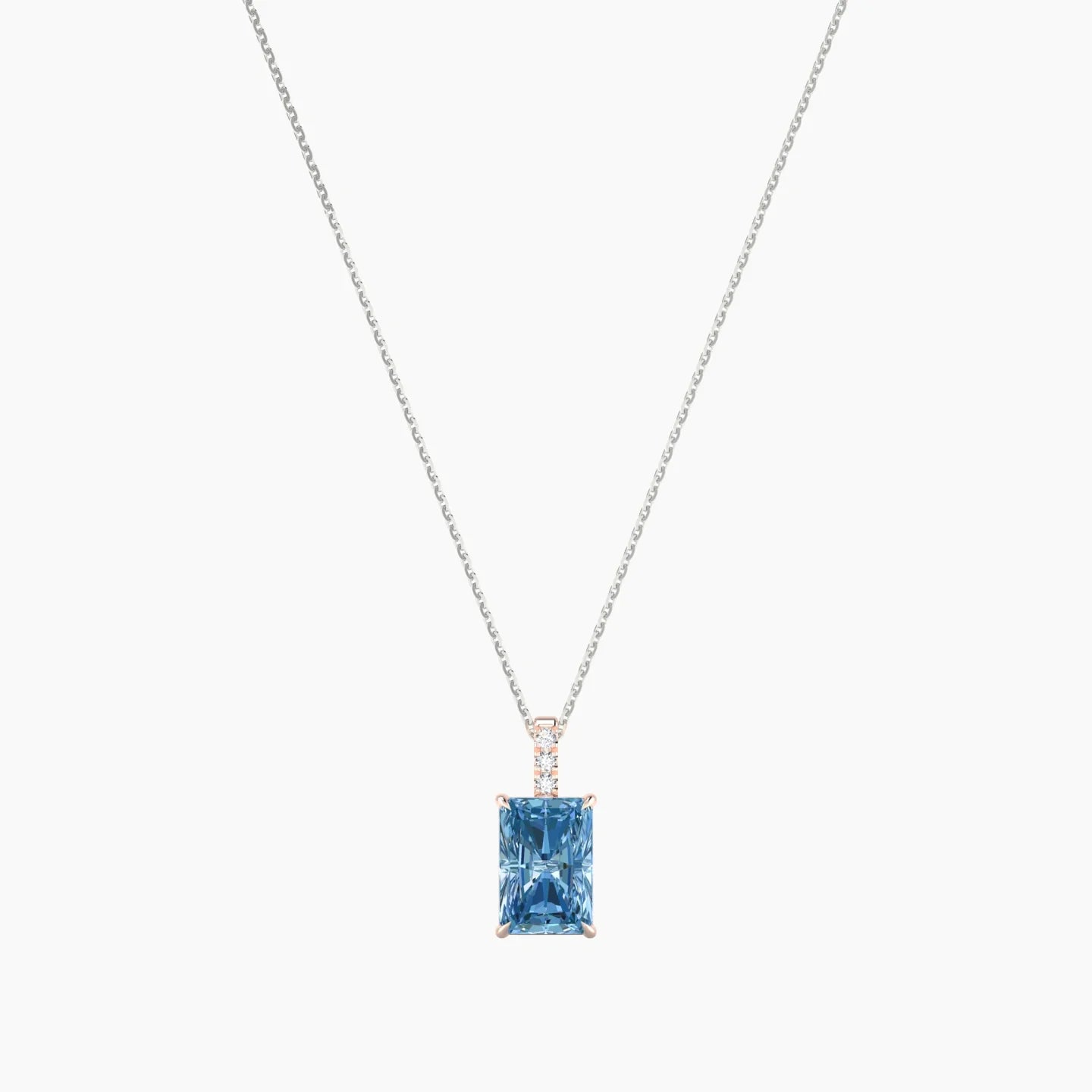 Paved Hanging Solitaire | 18k White & Rose Gold 3 ct Blue Lab Diamond Radiant Cut Pendant