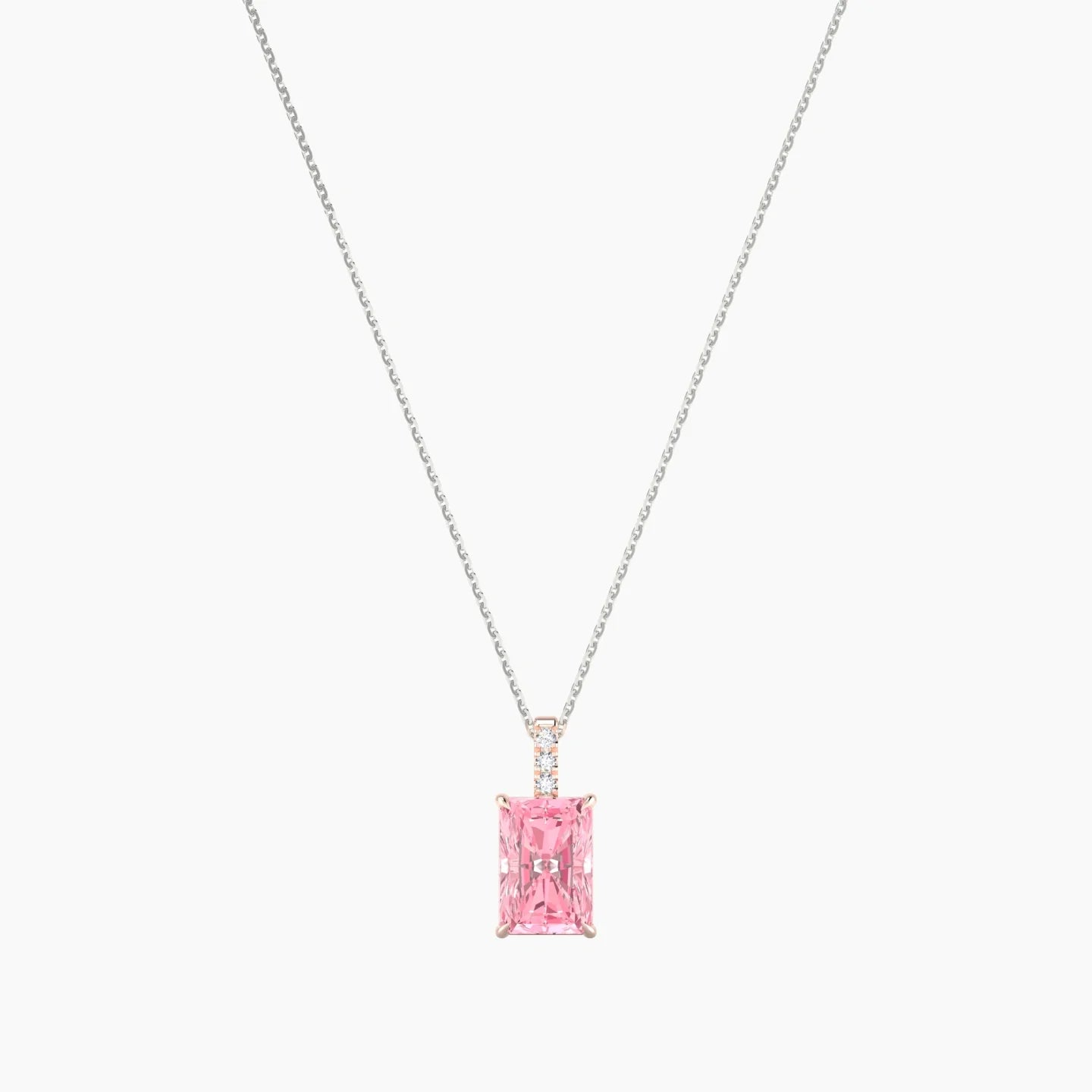 Paved Hanging Solitaire | 18k White & Rose Gold 3 ct Pink Lab Diamond Radiant Cut Pendant