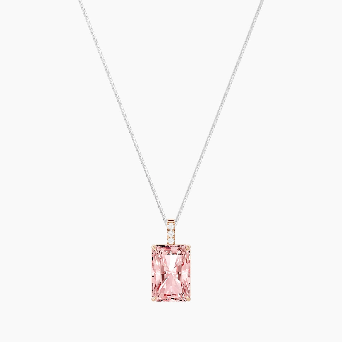 Paved Hanging Solitaire | 18k White & Rose Gold 5 ct Pink Lab Diamond Radiant Pendant