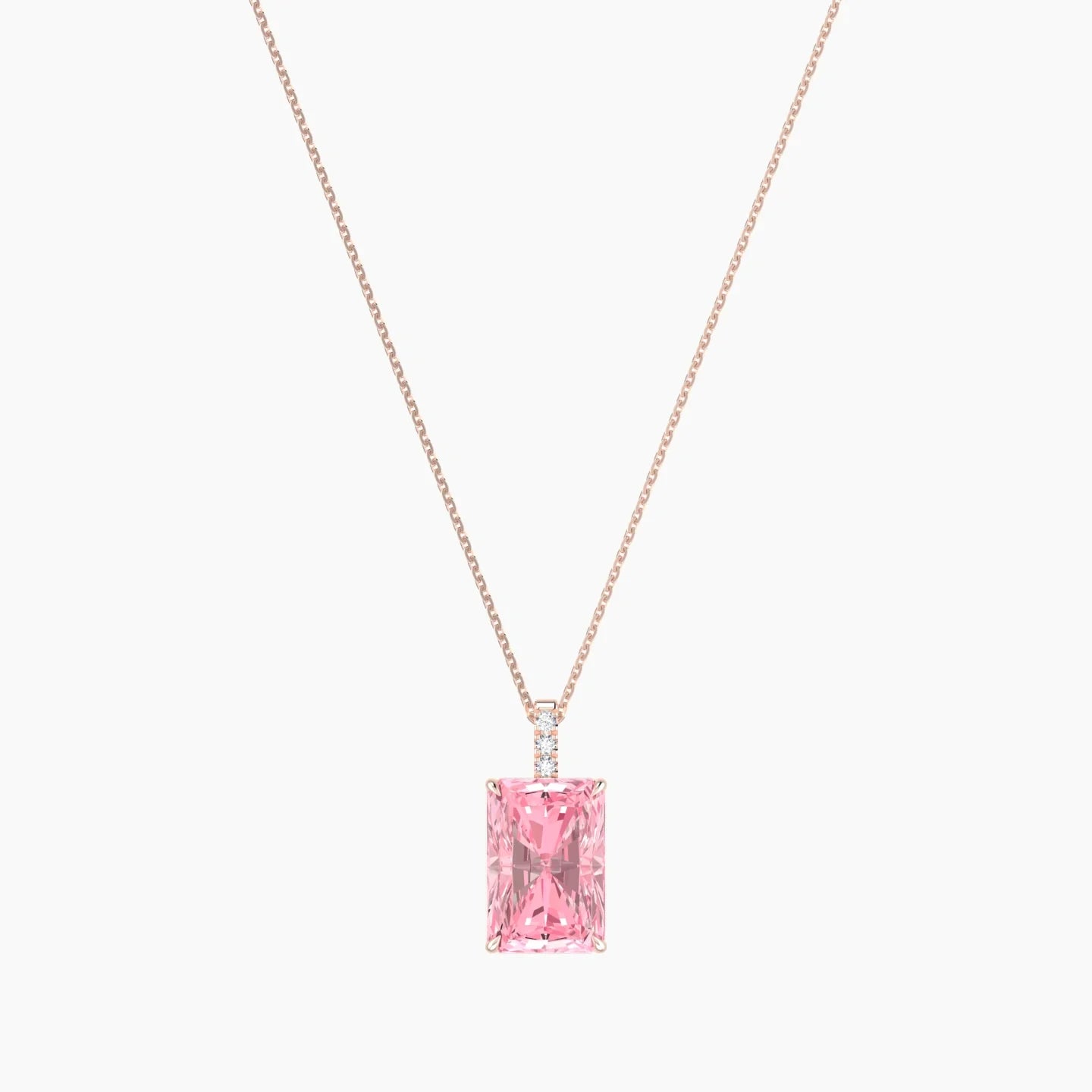 Paved Hanging Solitaire | 18k Rose Gold 5 ct Pink Lab Diamond Radiant Cut Pendant