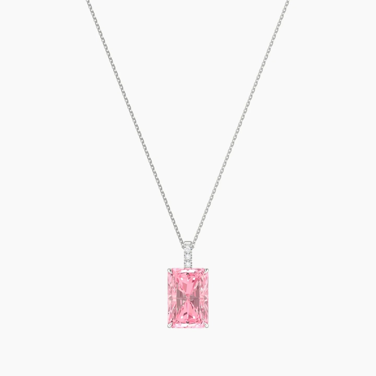 Paved Hanging Solitaire | 18k White Gold 5 ct Pink Lab Diamond Radiant Cut Pendant