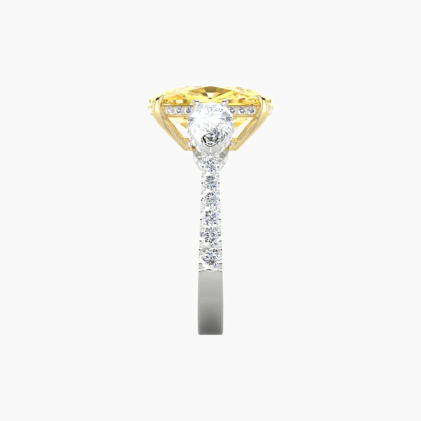 Pear Trilogy with Reverse Shank | 18k White & Yellow Gold 5 ct Cushion Cut Ring