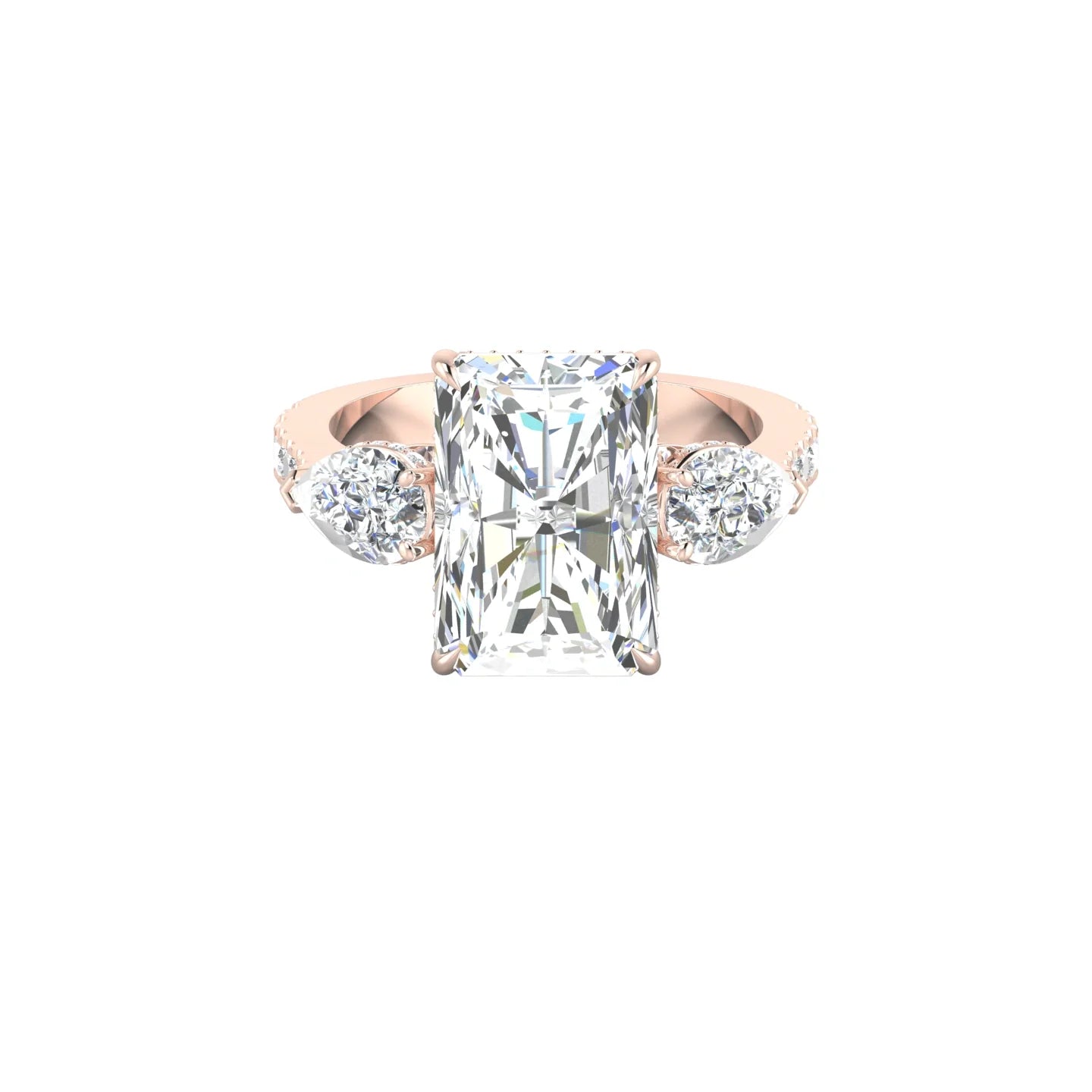 Intricate Pear Trilogy with Reverse Shank | 18k Rose Gold 5 ct Radiant White Lab Diamond Ring