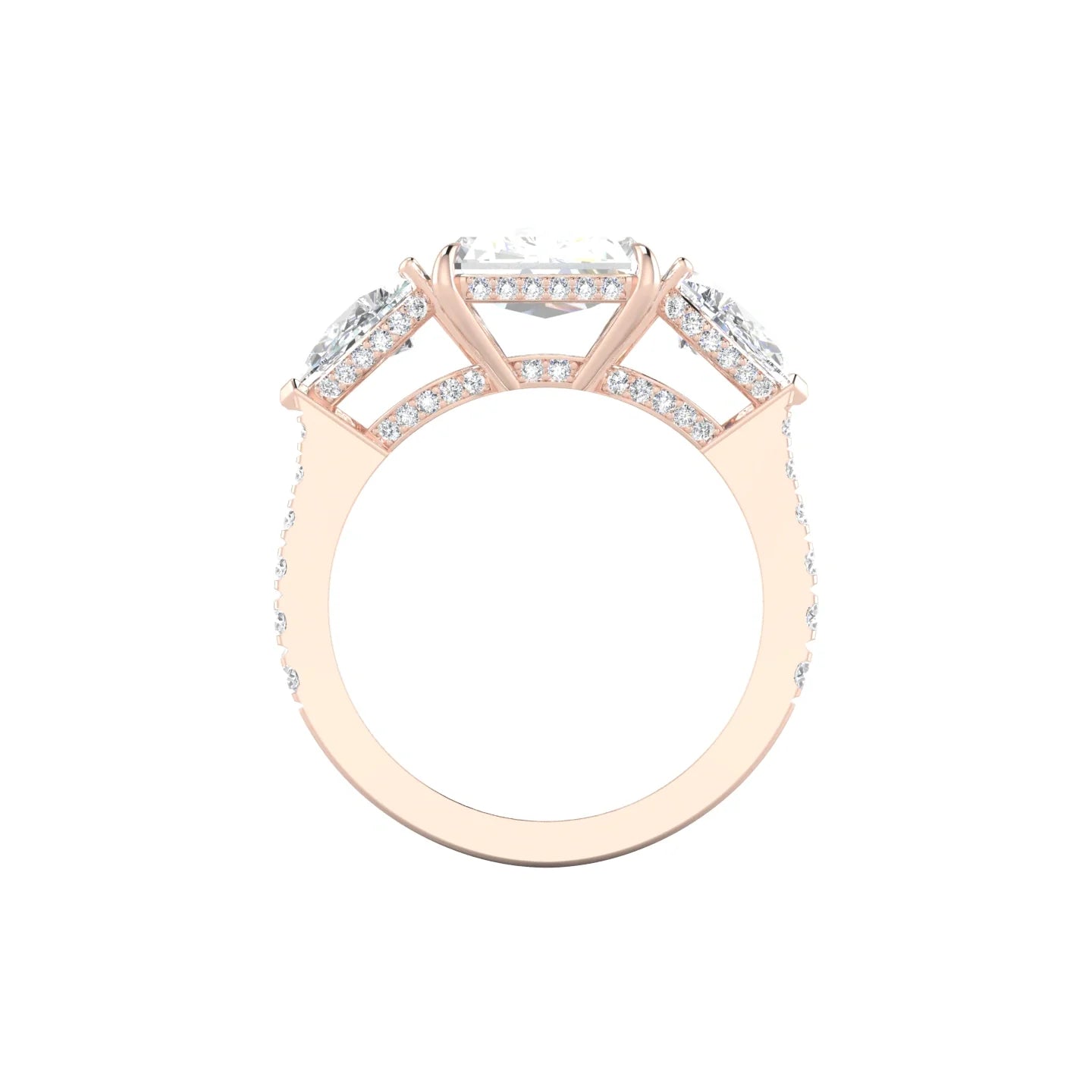 Intricate Pear Trilogy with Reverse Shank | 18k Rose Gold 5 ct Radiant White Lab Diamond Ring