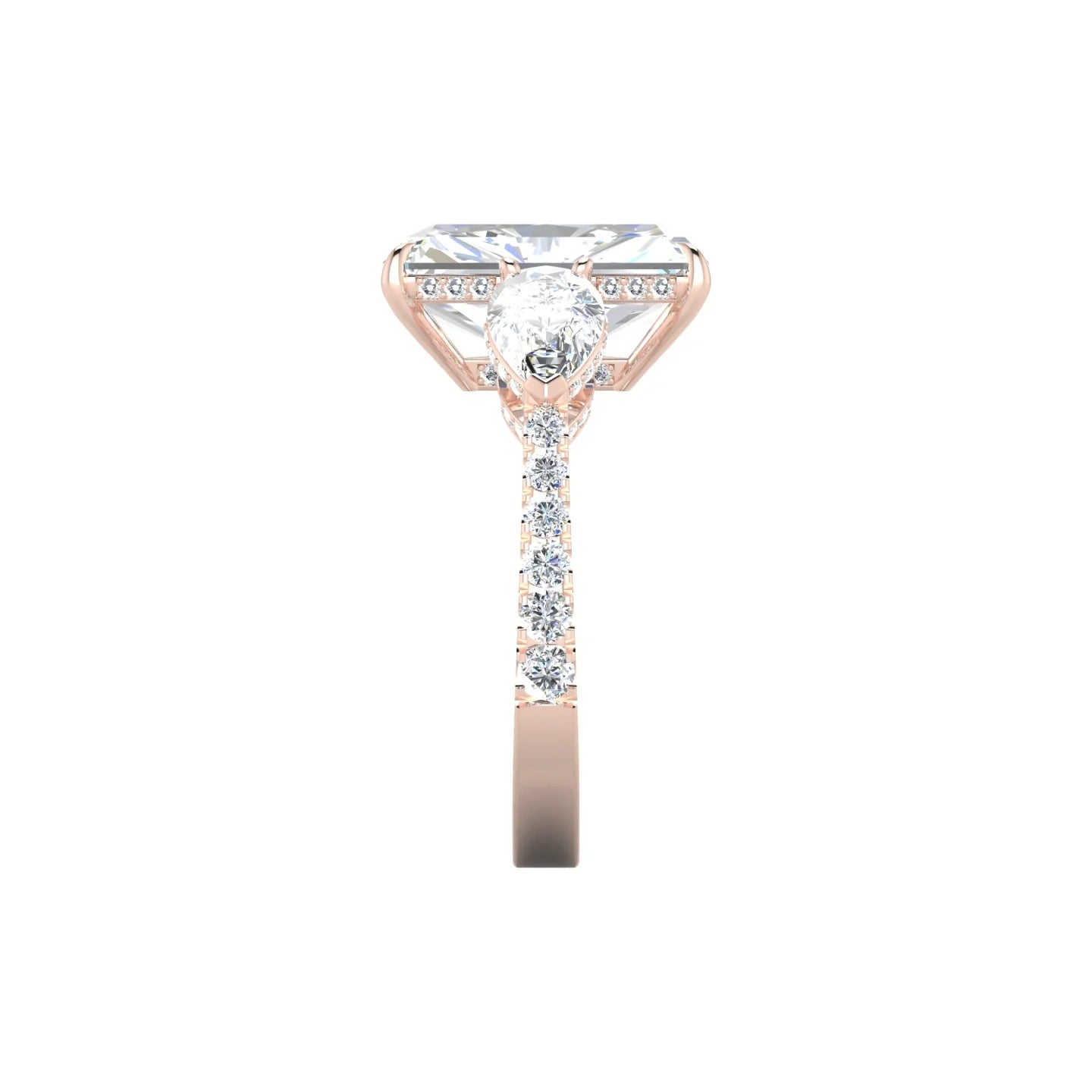 Intricate Pear Trilogy with Reverse Shank | 18k Rose Gold 5 ct Radiant White Lab Diamond Ring