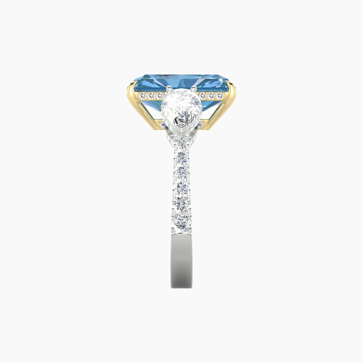 Pear Trilogy with Reverse Shank | 18k White & Yellow Gold 5 ct Radiant Cut Ring
