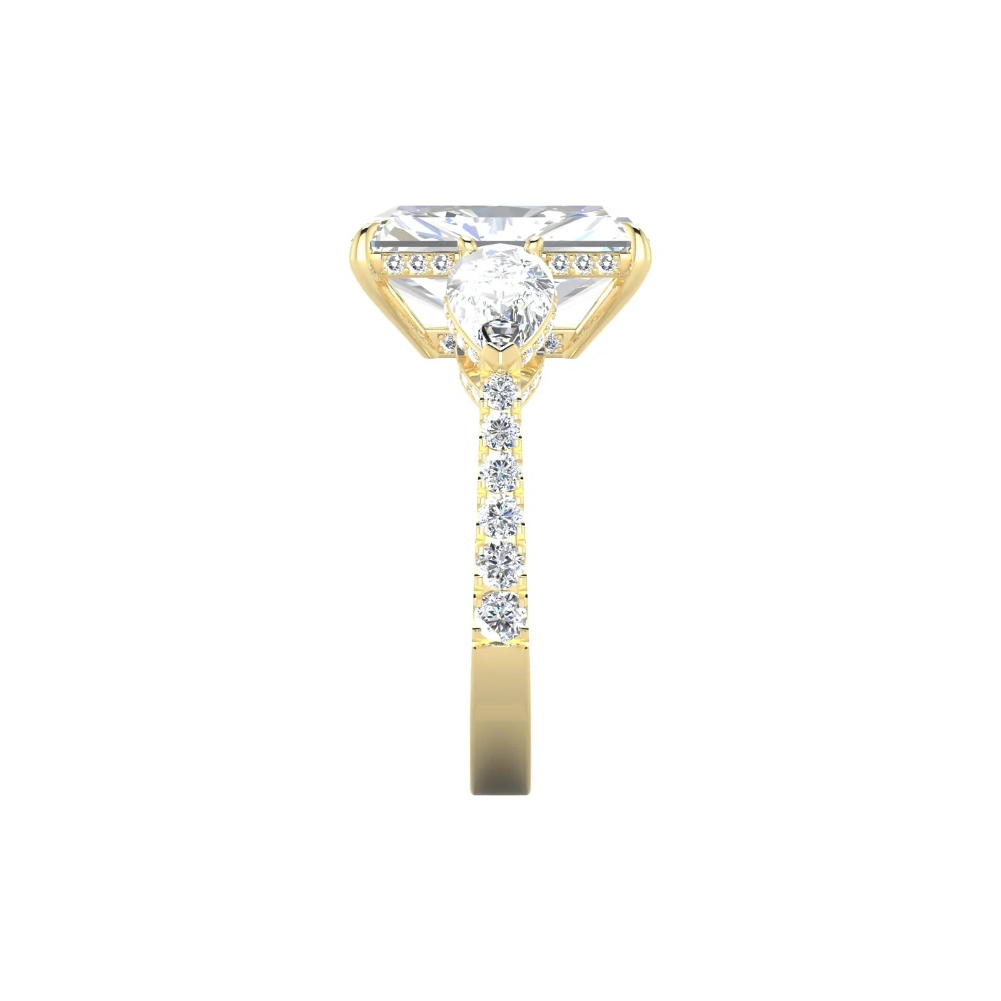 Intricate Pear Trilogy with Reverse Shank | 18k Yellow Gold 5 ct Radiant White Lab Diamond Ring