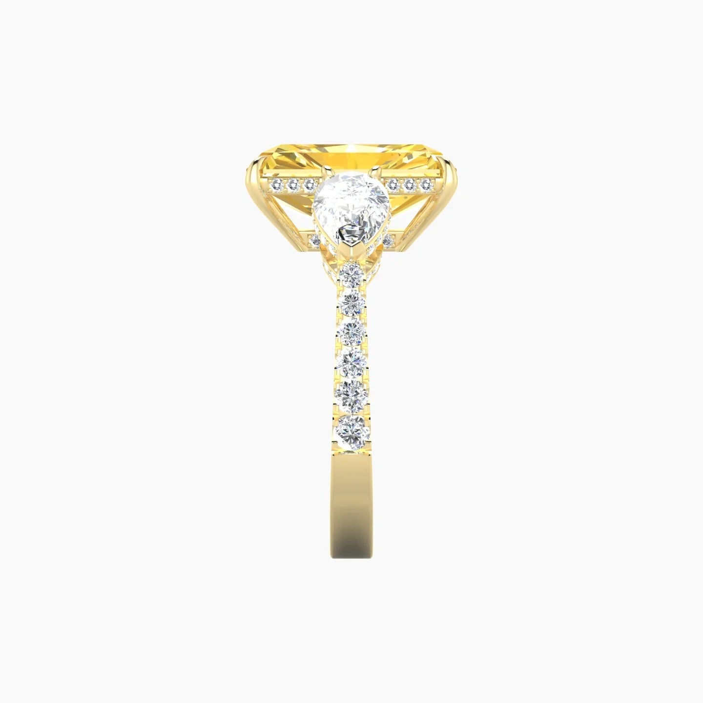 Pear Trilogy with Reverse Shank | 18k Yellow Gold 5 ct Radiant Cut Ring
