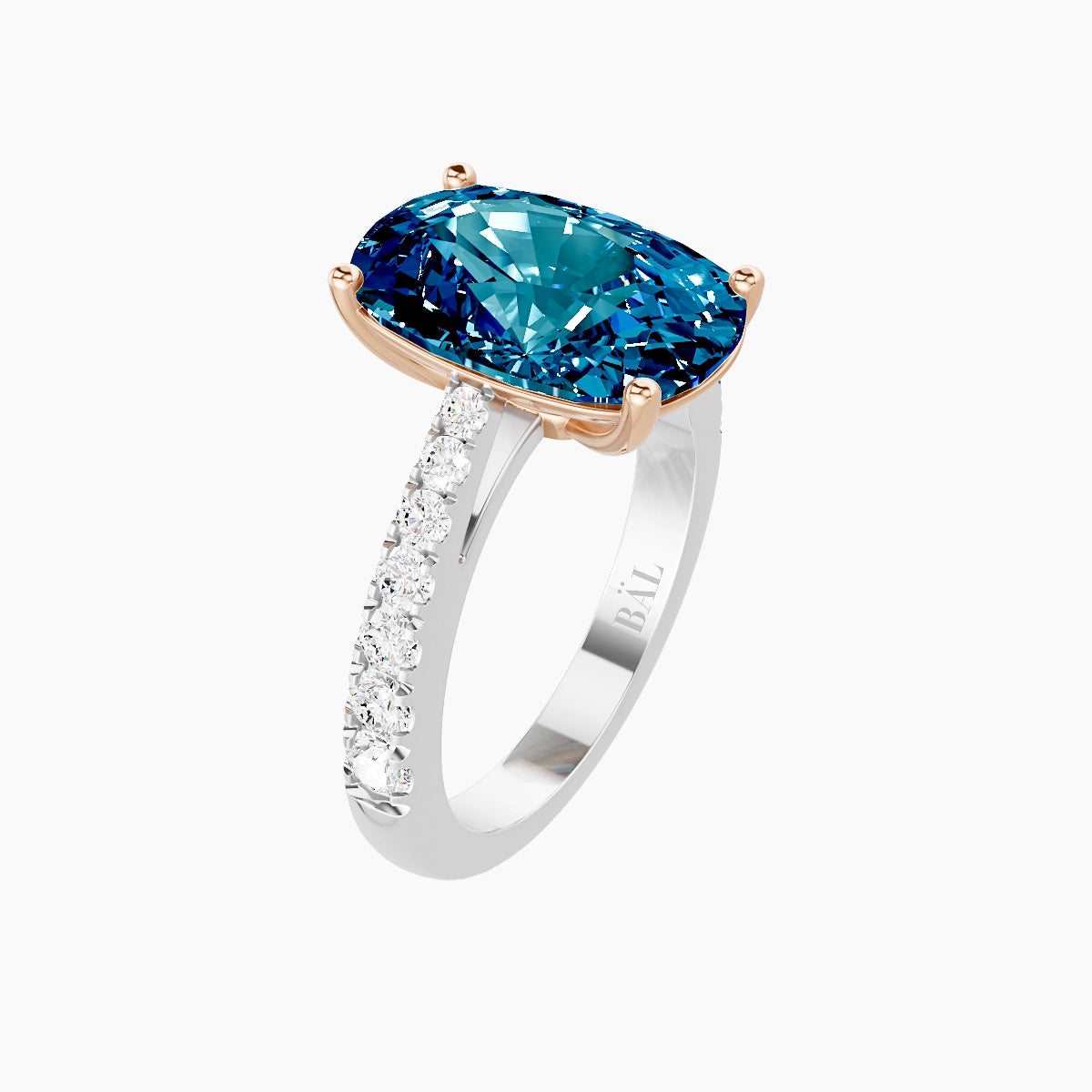 Reverse Shank | 18k White & Rose Gold 5 ct Cushion Blue Lab Diamond Ring