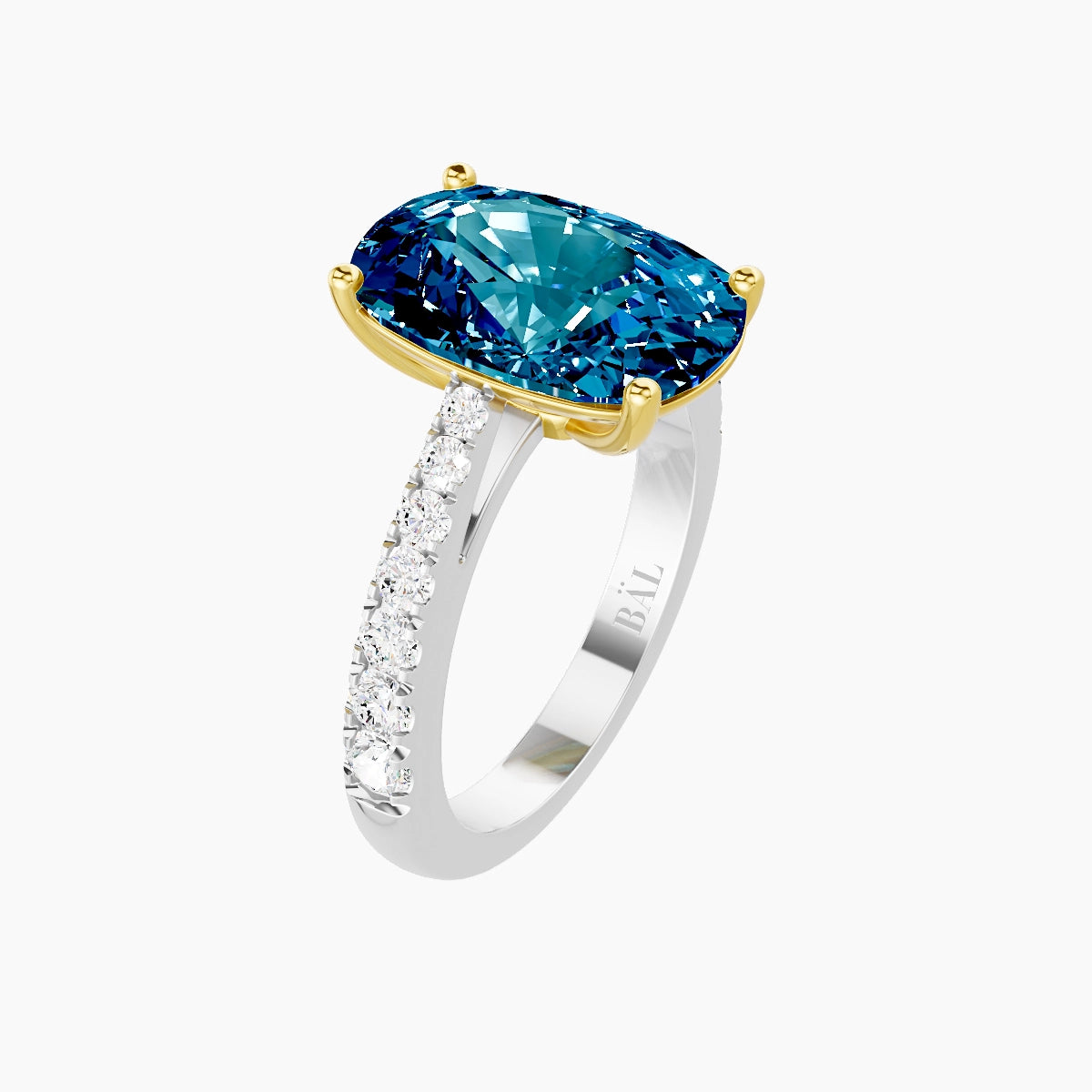 Reverse Shank | 18k White & Yellow Gold 5 ct Cushion Blue Lab Diamond Ring