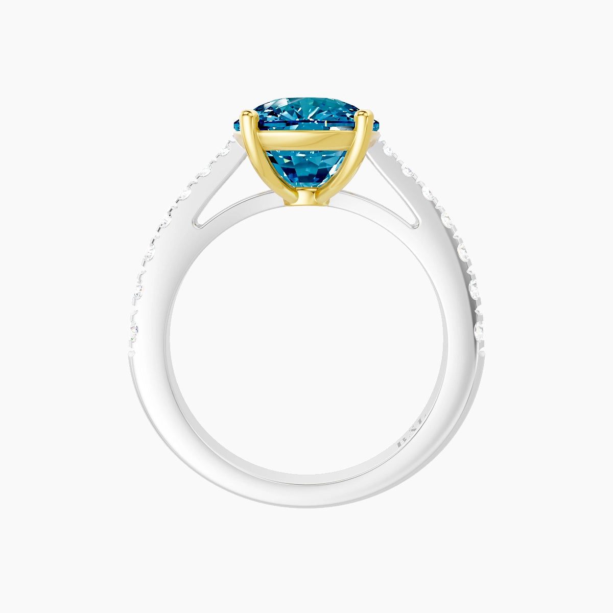 Reverse Shank | 18k White & Yellow Gold 5 ct Cushion Blue Lab Diamond Ring