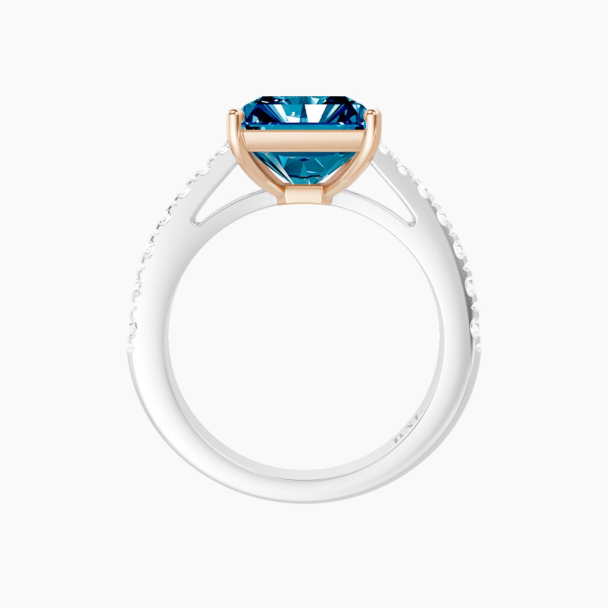 Reverse Shank | 18k White & Rose Gold 5 ct Radiant Blue Lab Diamond Ring
