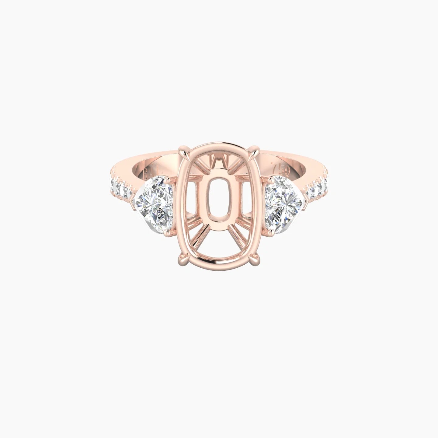 Simple Heart Trilogy with Reverse Shank | 18k Rose Gold 5-7.99 ct Cushion Cut Ring Setting