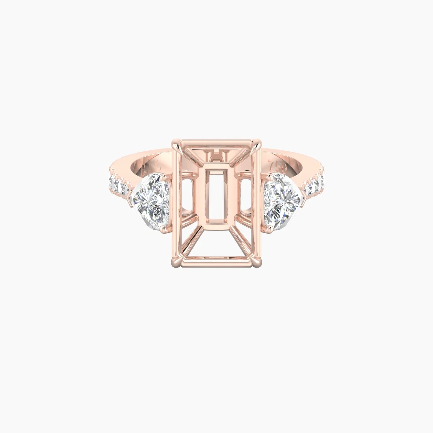 Simple Heart Trilogy with Reverse Shank | 18k Rose Gold 5-7.99 ct Radiant Cut Ring Setting