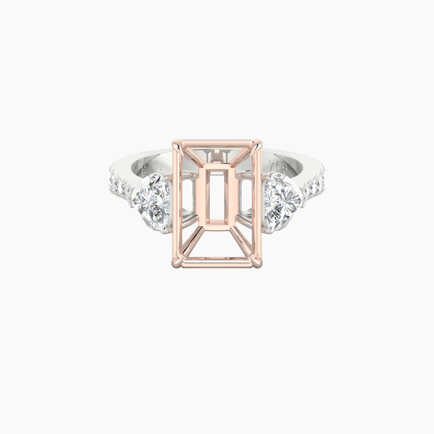Simple Heart Trilogy with Reverse Shank | 18k White & Rose Gold 5-7.99 ct Radiant Cut Ring Setting