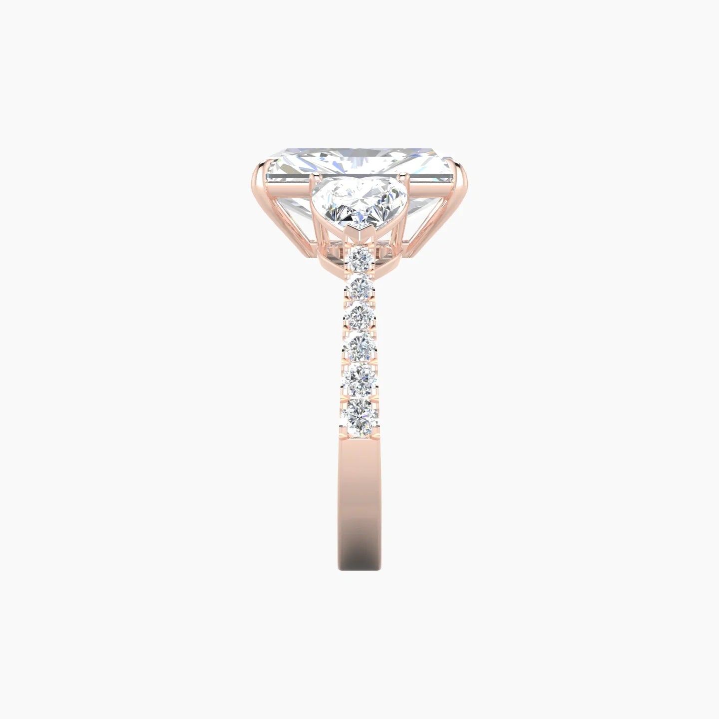 Simple Heart Trilogy with Reverse Shank | 18k Rose Gold 5 ct Radiant Cut Ring