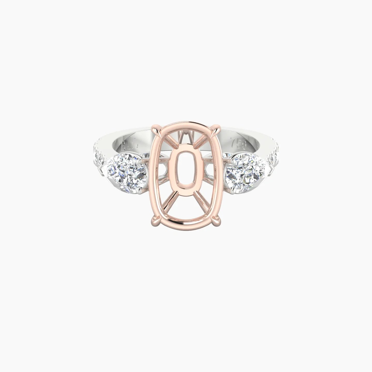 Simple Pear Trilogy with Reverse Shank | 18k White & Rose Gold 5-7.99 ct Cushion Cut Ring Setting