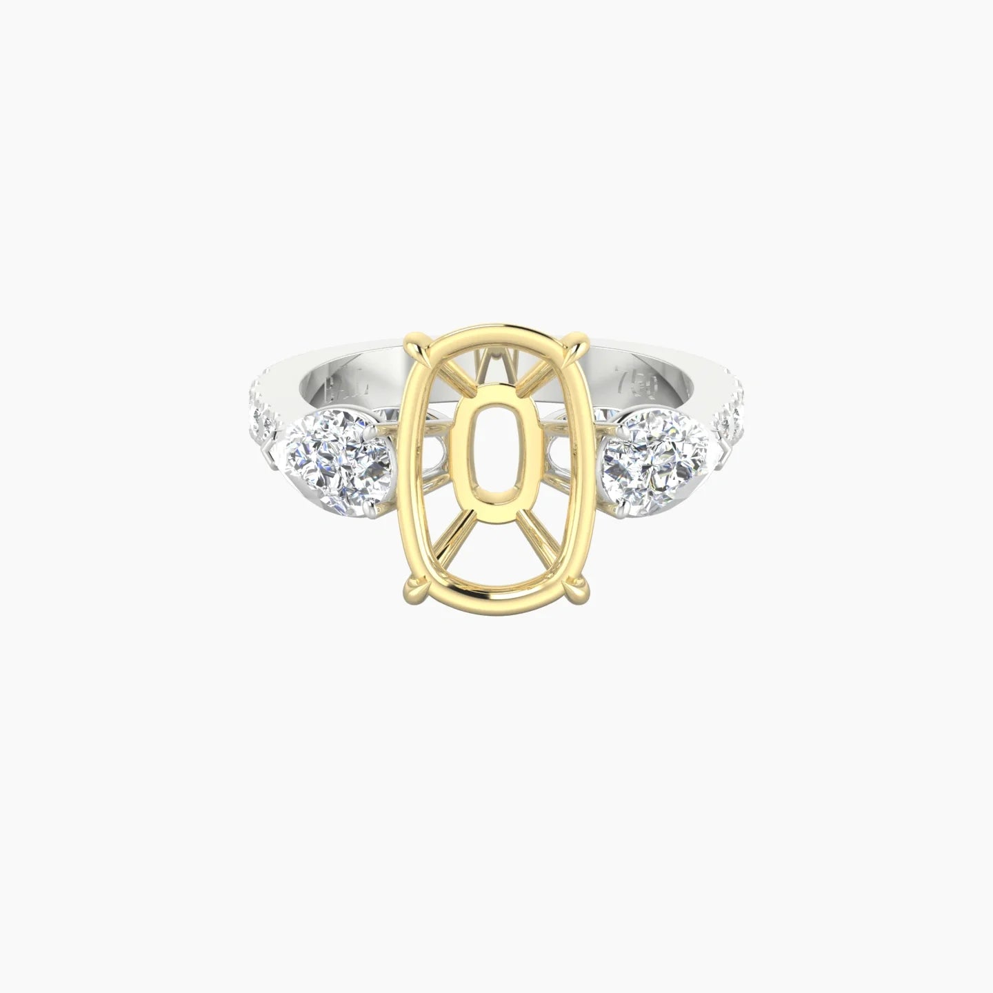 Simple Pear Trilogy with Reverse Shank | 18k White & Yellow Gold 5-7.99 ct Cushion Cut Ring Setting
