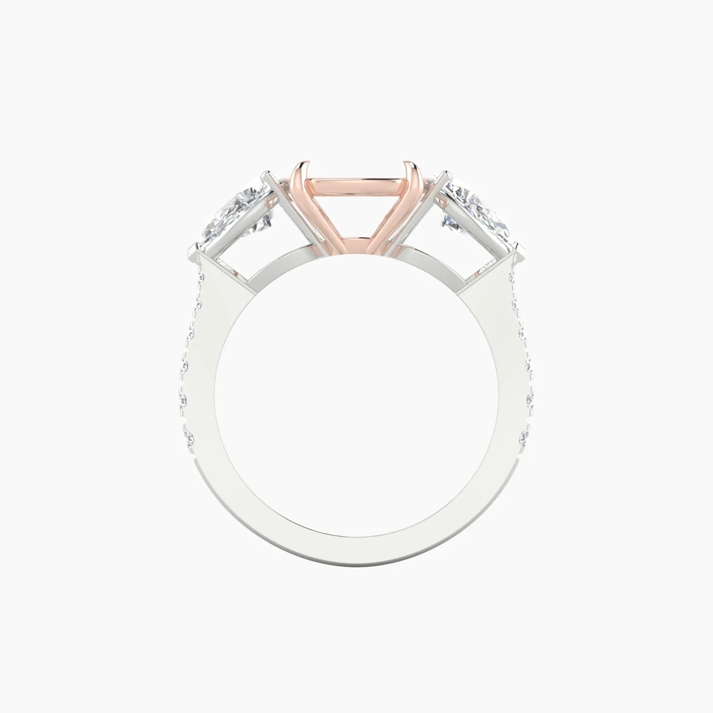 Simple Pear Trilogy with Reverse Shank | 18k White & Rose Gold 5-7.99 ct Cushion Cut Ring Setting