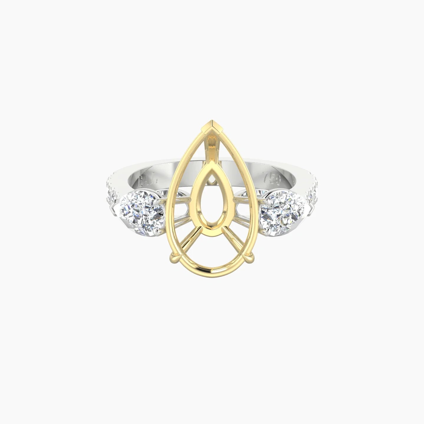 Simple Pear Trilogy with Reverse Shank | 18k White & Yellow Gold 5-7.99 ct Pear Cut Ring Setting
